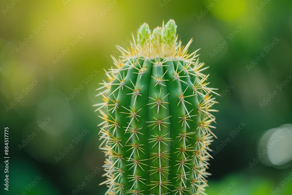 A large cactus with large needles on a green background.
