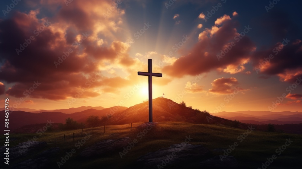 Holy concept: A silhouette of the cross on top of the hill with an on-mountain sunset beautiful sky background, the concept for Easter and Jesus Christ. Holy concept: A silhouette of the cross on top of the hill with an on-mountain sunset beautiful sky background, the concept for Easter and Jesus Christ.