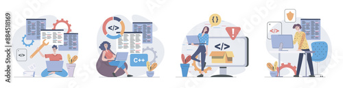 Development and programming concept with people scenes set in flat web design. Collection of character situation with programmers working and creating software code on screens. Vector illustrations.