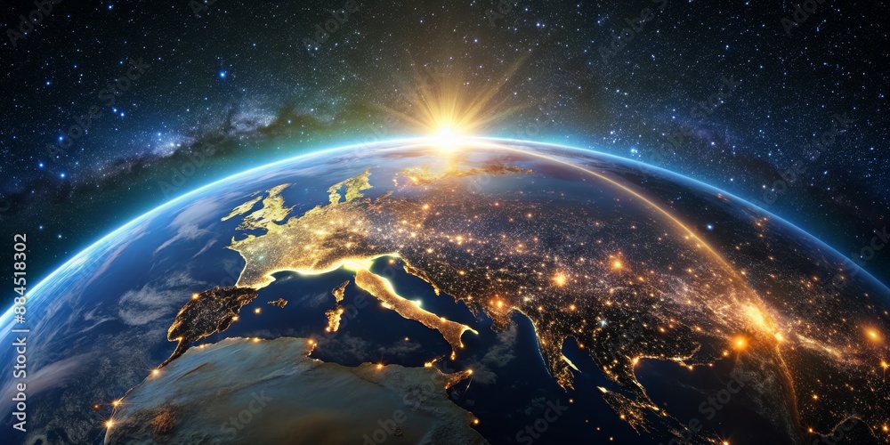 Obraz premium Earth's Glow Europe at Night, 3D Render, Satellite View, City Lights, Space, Planet, Nighttime