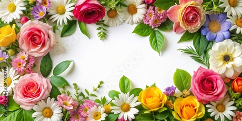 Floral Frame with Roses and Daisies, White Background, Green Leaves, Colorful Arrangement,  Flowers, Nature, Spring