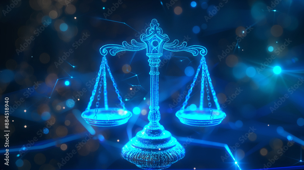 A blue hologram of a legal scale with glowing data streams, symbolizing AI in legal systems and VR courtrooms. A blue hologram of a legal scale with glowing data streams, symbolizing AI in legal systems and VR courtrooms.