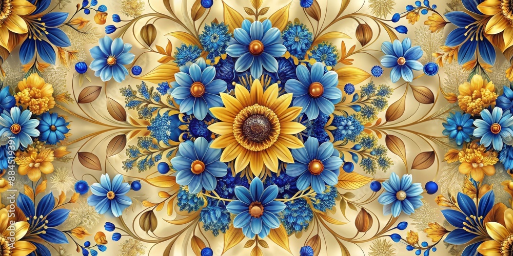 Golden and Blue Floral Symphony, Digital Art, Flower Bouquet, Abstract Design, Symmetry , floral , art Golden and Blue Floral Symphony, Digital Art, Flower Bouquet, Abstract Design, Symmetry , floral , art