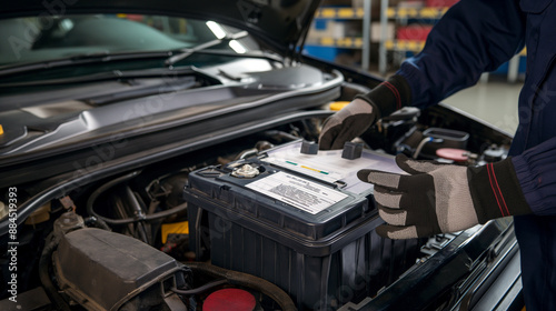 Mechanic's hands holding a fully charged replacement battery, carefully positioning it into the engine compartment of the car.