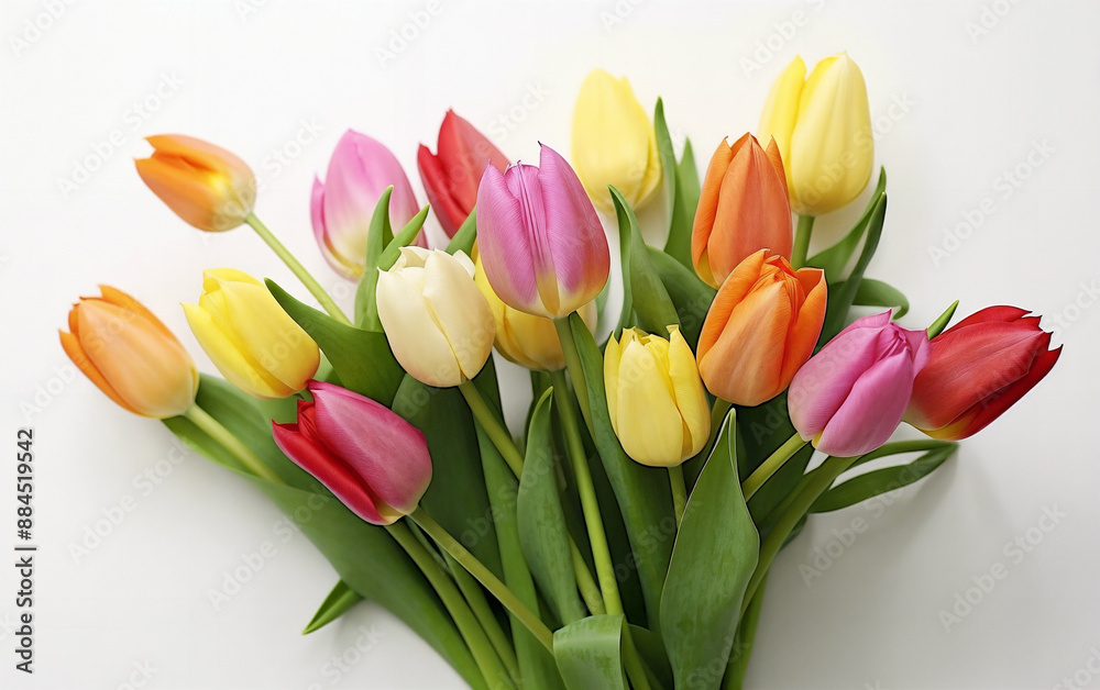a bunch of colorful tulips are arranged in a vase on a white surface, with green stems a bunch of colorful tulips are arranged in a vase on a white surface, with green stems