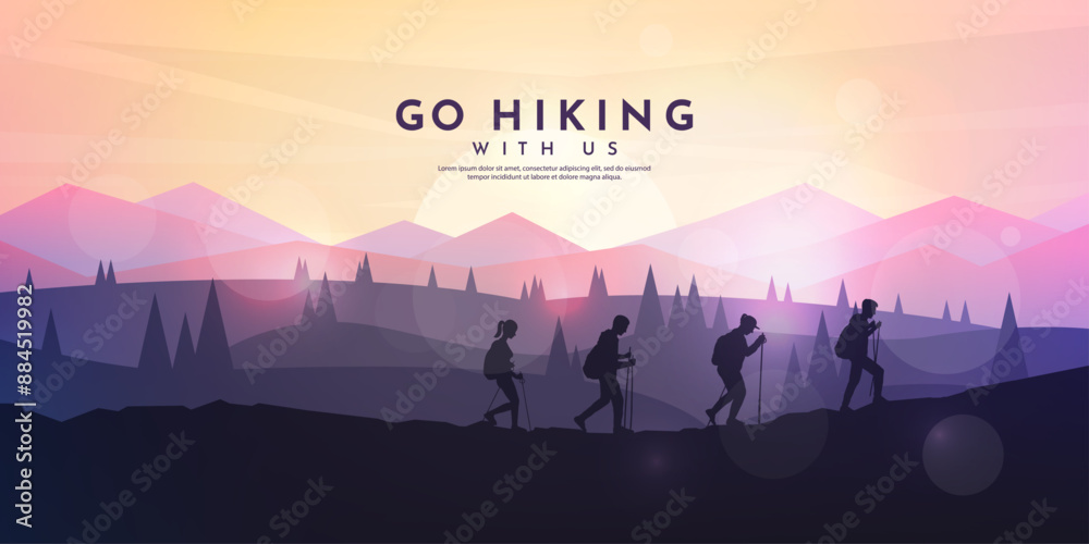 Vector illustration. Travel concept of discovering, exploring and observing nature. Tourists have hiking trip. Travelers climb with backpack and travel walking sticks. Website template. Flat landscape