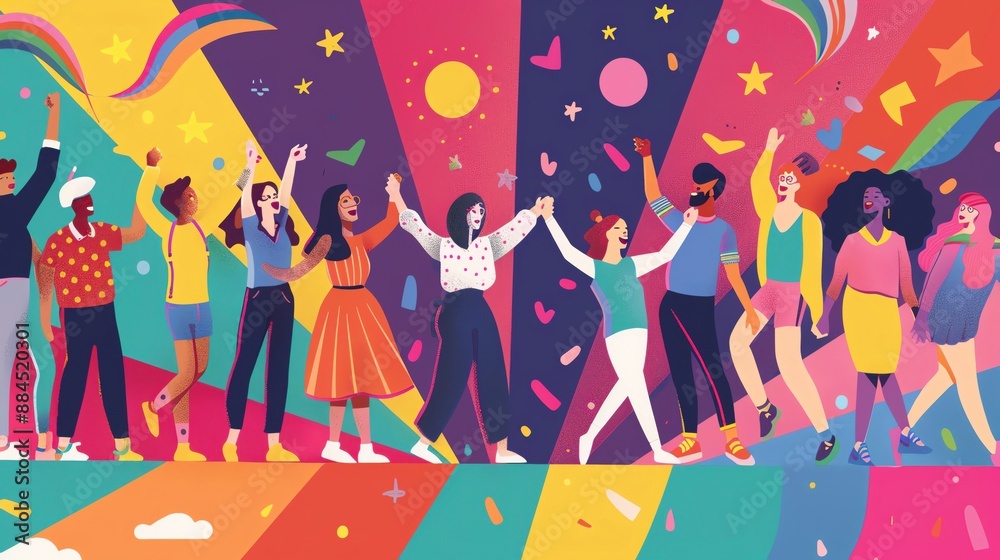 Design an illustration supporting LGBT rights, showing a diverse group of people holding hands and celebrating in a vibrant, inclusive environment Design an illustration supporting LGBT rights, showing a diverse group of people holding hands and celebrating in a vibrant, inclusive environment