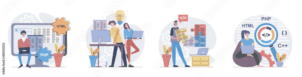 Programmers concept with people scenes set in flat web design. Collection of character situation with developers working with code, creating programs, engineering new software. Vector illustrations. Programmers concept with people scenes set in flat web design. Collection of character situation with developers working with code, creating programs, engineering new software. Vector illustrations.