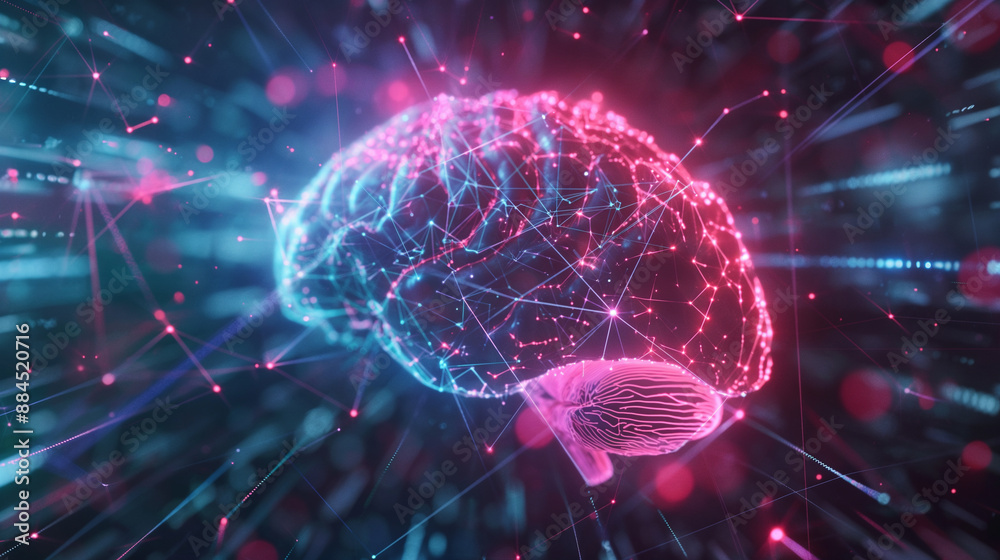 A neon-lit brain with network lines and data points, representing the impact of large language model AI on business decision-making.