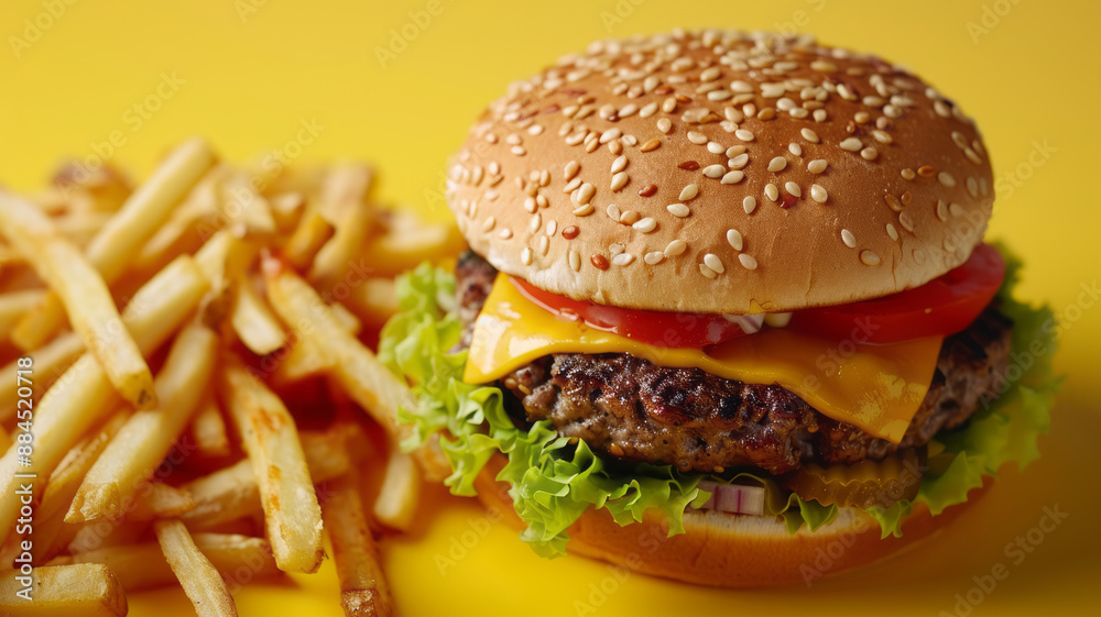 close up birds eye view of a burger and fries on a yellow.generative ai close up birds eye view of a burger and fries on a yellow.generative ai
