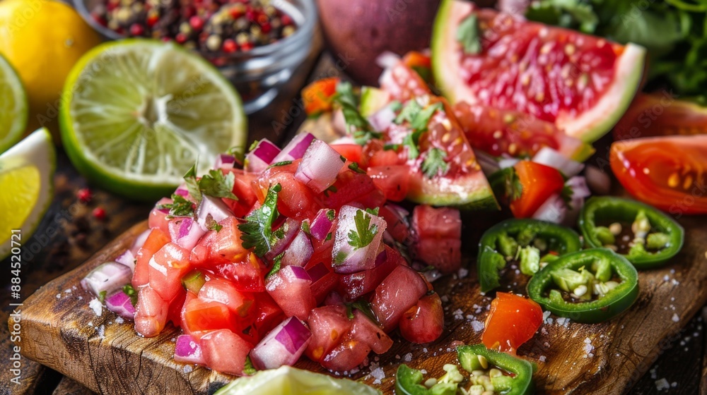 An assortment of fresh salsa ingredients, including diced tomatoes, guava, lime, and other colorful vegetables, An assortment of fresh salsa ingredients, including diced tomatoes, guava, lime, and other colorful vegetables,