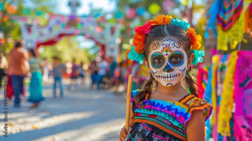 Girl in traditional attire with face skull celebrates Day of the Dead in festive setting Girl in traditional attire with face skull celebrates Day of the Dead in festive setting