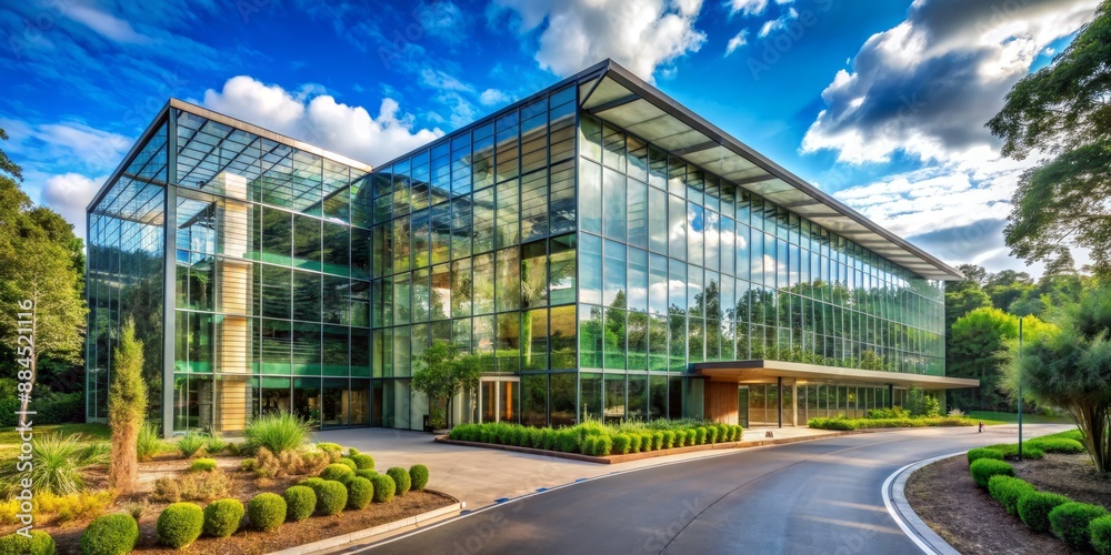 Modern Glass Office Building with Driveway and Greenery, architecture , business , exterior , design Modern Glass Office Building with Driveway and Greenery, architecture , business , exterior , design