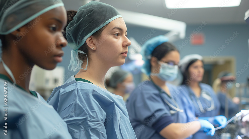 Student nurses attentively observing a live demonstration of a surgical technique, showcasing their dedication to mastering medical skills.