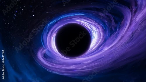 Swirling purple and blue black hole with light bending around its event horizon in the vast cosmos.