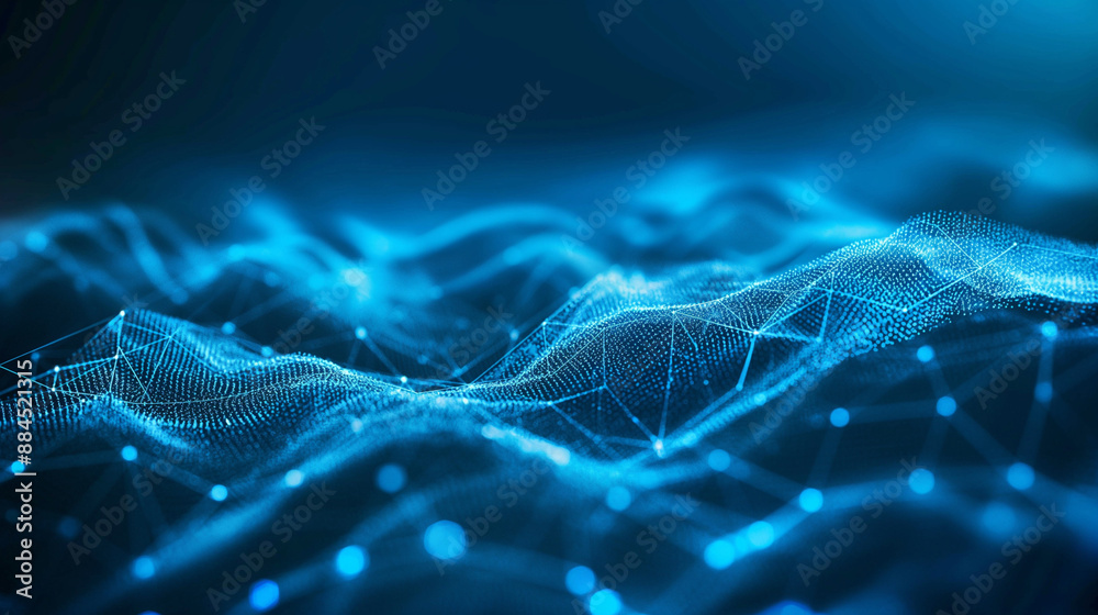Blue tech background with dynamic digital waves and interconnected neural network systems, illustrating the concept of cyber quantum computing.