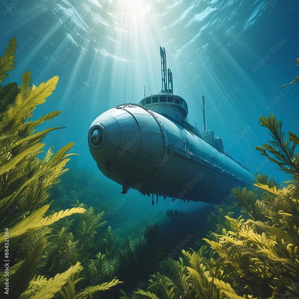 深海の海藻の森から見上げると、上方の明るい光の中に謎の巨大な潜水艦が見える