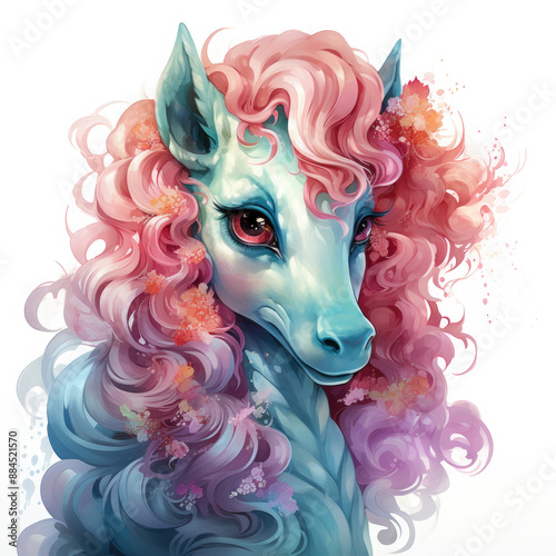 Watercolor Enchanted Kawaii Unicorn Foal with Floral Accents, clipart Illustration, Generative Ai