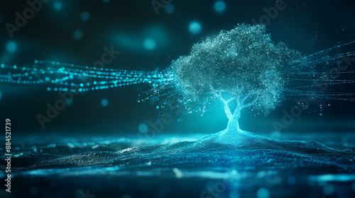 Business growth concept featuring a glowing digital tree with expanding branches, symbolizing development success, with clear background space.