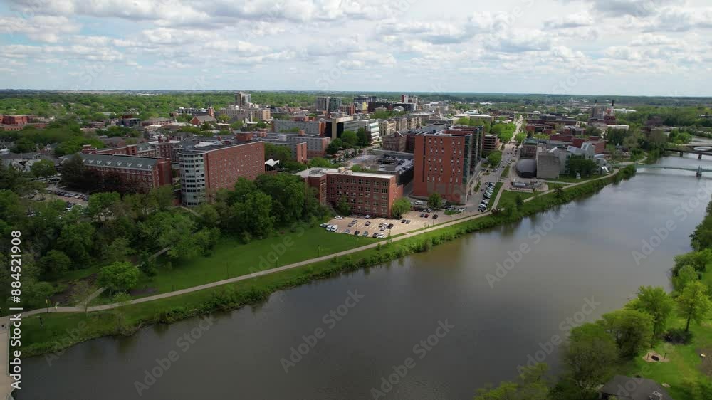 IOWA - 6.24.2024 - Fantastic aerial view approaching the University of Iowa over a river. IOWA - 6.24.2024 - Fantastic aerial view approaching the University of Iowa over a river.