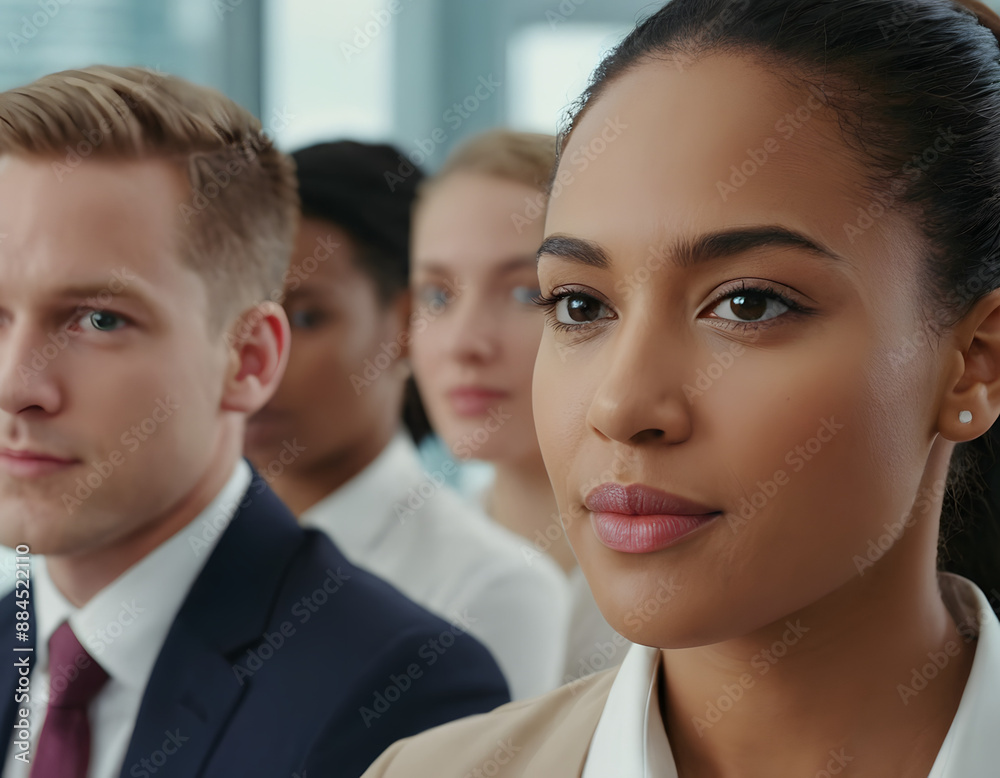 Close portrait of a businesswoman standing with her team, looking forward; blurred background with copy space - An Exquisite Portrait of Corporate Elegance. Close portrait of a businesswoman standing with her team, looking forward; blurred background with copy space - An Exquisite Portrait of Corporate Elegance.