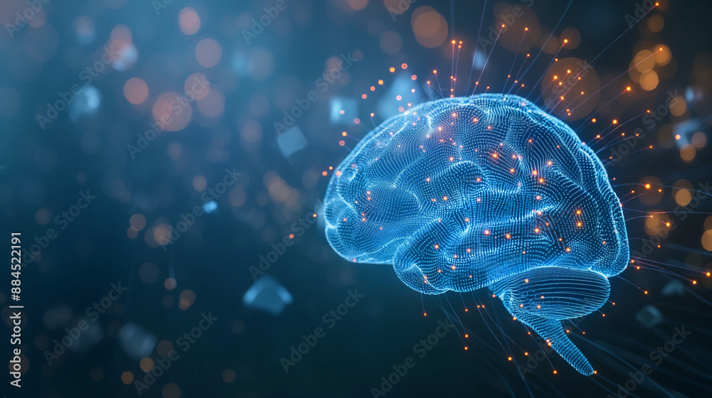 A blue hologram of a brain with neural pathways highlighted by glowing data streams, symbolizing AI cognition and VR environments.