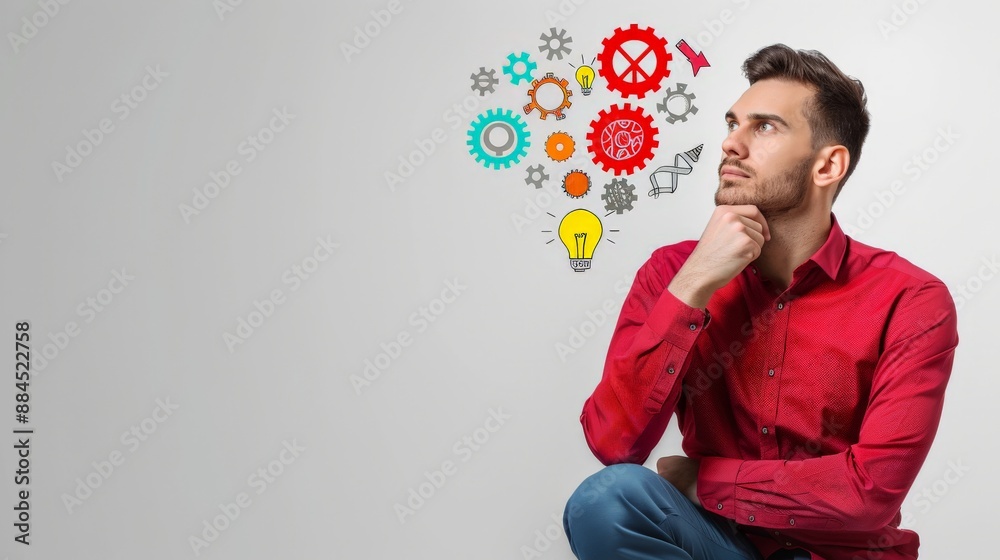 A man sitting, pondering colorful gears and light bulbs on wall A man sitting, pondering colorful gears and light bulbs on wall