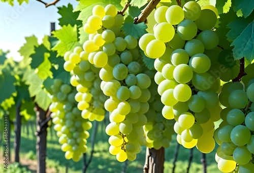 Clusters of green grapes hanging on a vine with leaves, in a sunny vineyard photo