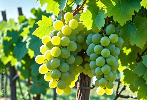 Clusters of green grapes hanging on a vine with leaves, in a sunny vineyard photo