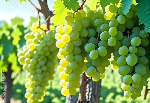 Clusters of green grapes hanging on a vine with leaves, in a sunny vineyard photo