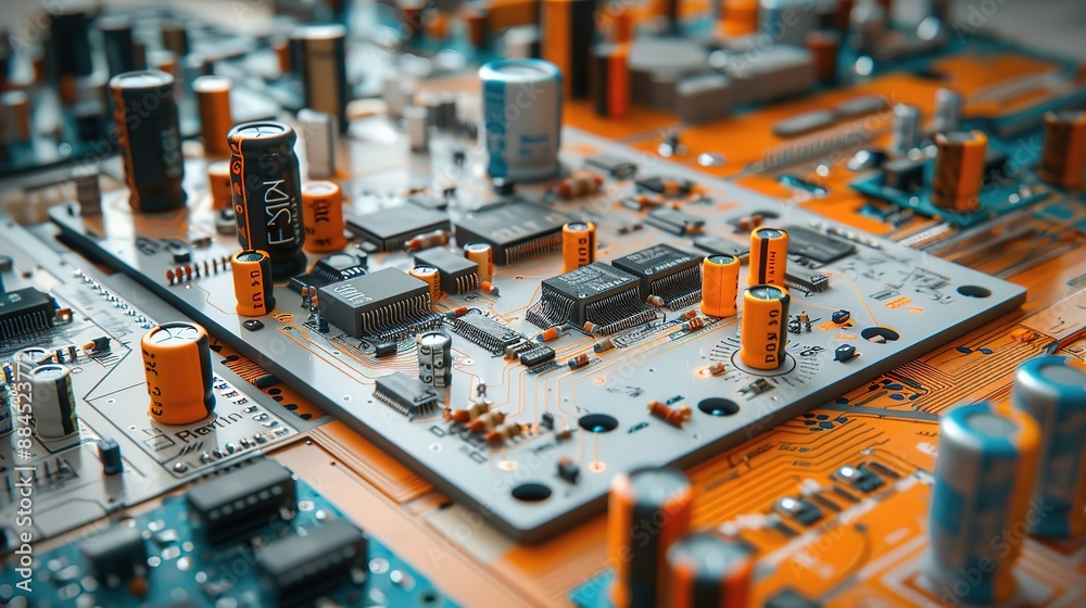 A close up of a circuit chip board with many electronic components A close up of a circuit chip board with many electronic components