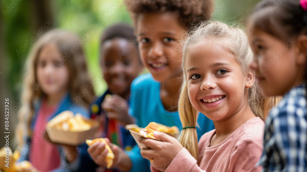 Children sharing snacks during break time, friendly and generous, right third copy space Children sharing snacks during break time, friendly and generous, right third copy space
