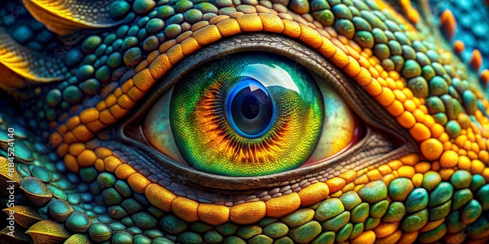 Obraz premium The Dragon's Gaze A Close-Up of a Reptilian Eye, Scales, Green, Blue, Yellow, Dragon
