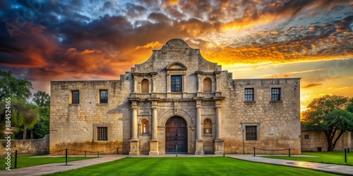The Alamo at Sunset - Dramatic Sky over Historic Stone Building, Texas History, Alamo Mission, San Antonio,  Architecture
