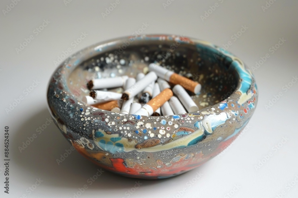 Colorful ceramic ashtray overloaded with extinguished cigarette butts on a neutral background Colorful ceramic ashtray overloaded with extinguished cigarette butts on a neutral background