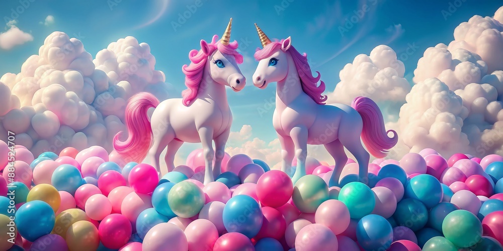 Naklejka premium Two Unicorns on a Cloud of Balloons, Digital Art, 3D Render, Unicorn, Clouds, Balloons, Fantasy