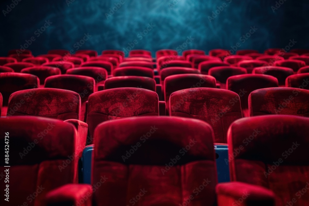 Elevated view of vacant red seats in a moody, dark theater setting Elevated view of vacant red seats in a moody, dark theater setting