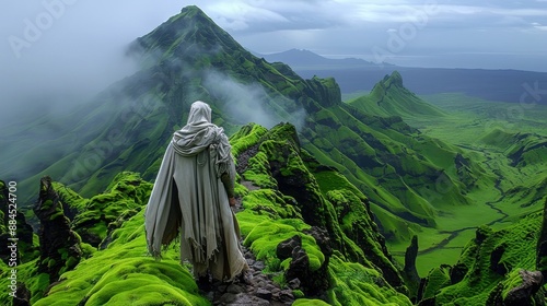 Mysterious cloaked figure stands amidst lush green mountains, gazing at the misty horizon in a fantasy landscape.