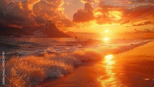 Stunning Golden Sunset Over Vibrant Beach Waves with Mountain Peaks in the Background and Dramatic Clouds Illuminated by the SunSunset