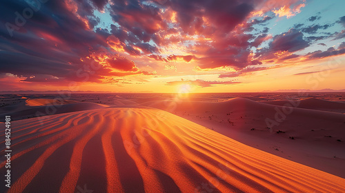 A dramatic sunset over a desert landscape, with sand dunes casting long shadows and the sky ablaze with colors.