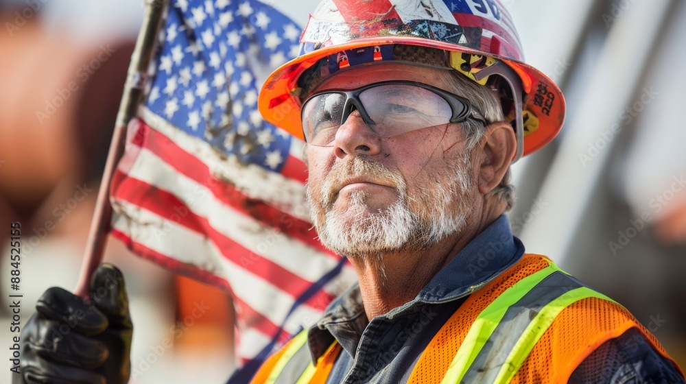 A construction worker with a white beard holds a tattered American flag