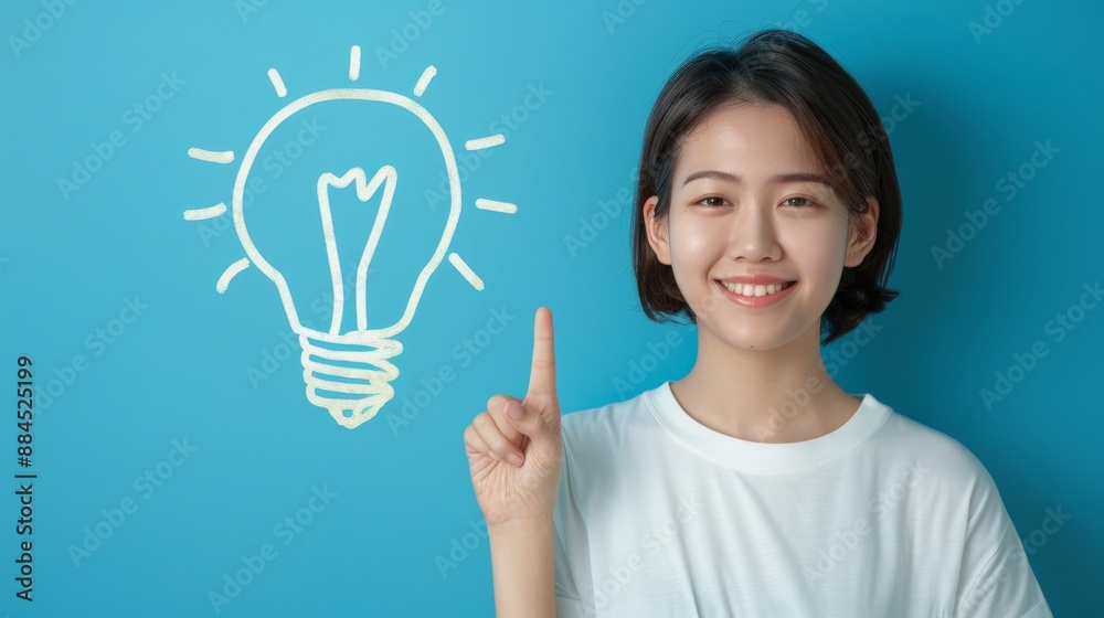 A young woman smiles and points up at a lightbulb drawn on a blue wall A young woman smiles and points up at a lightbulb drawn on a blue wall