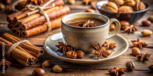 Warm Spices and Coffee Cup, Star Anise, Cinnamon Sticks, Coffee Beans, Nutmeg , spices, coffee