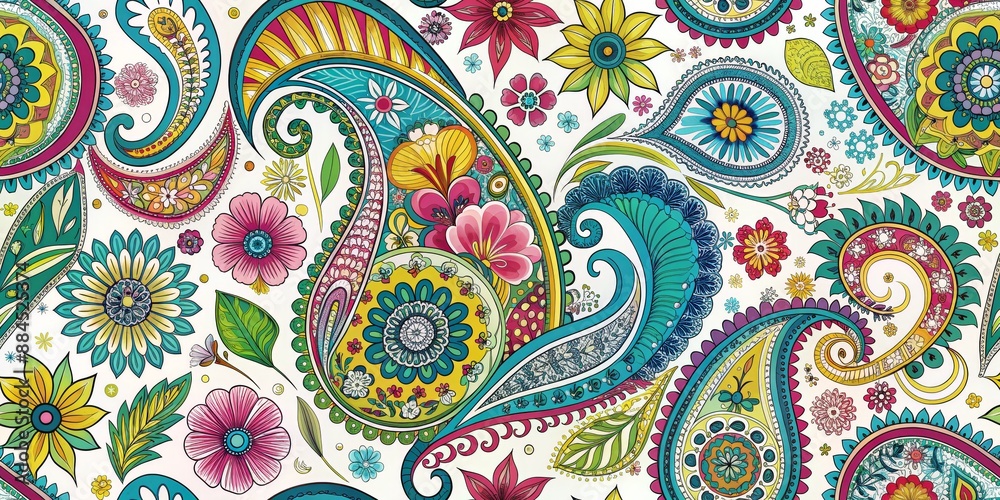 Fototapeta premium Whimsical Floral Paisley Pattern, Digital Art, Colorful Flowers, Abstract Design, Paisley, Pattern, Flowers