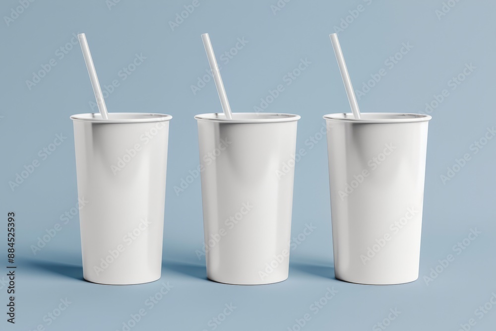 Three white tumblers with straws on a table with plants. Three white tumblers with straws on a table with plants.