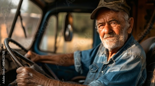 An elderly man drives a truck, focusing on the road ahead