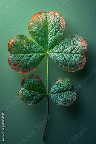 Close-up of a Vibrant Three-Leaf Clover with Intricate Veins and Red-Tinged Edges on a Soft Green Background Highlighting Natural Detail and Textureclover photo