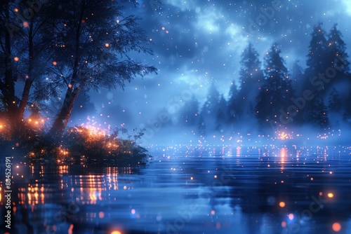 Enchanted Moonlit Forest Lake with Glowing Fireflies and Mystical Misty Atmosphere Surrounded by Tall Pine Trees in a Magical Landscapemagical forest photo