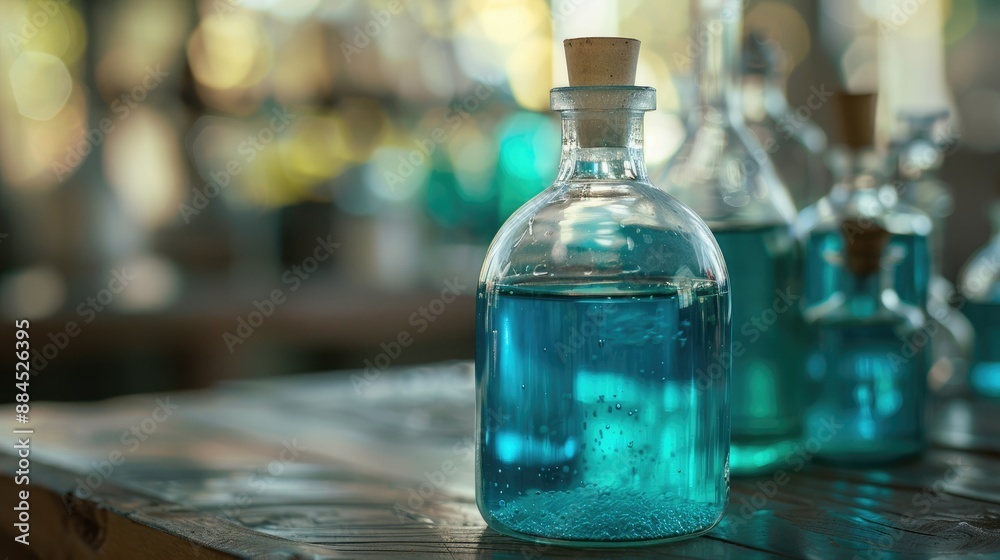 Dichloromethane liquid in glass bottle in chemistry lab with focus Dichloromethane liquid in glass bottle in chemistry lab with focus