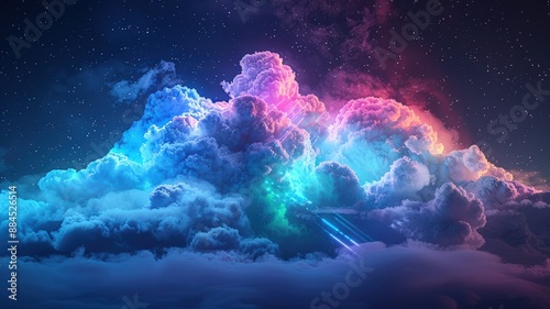 Vibrant and surreal night sky with colorful glowing clouds, stars and cosmic light beams, dreamlike atmosphere, fantasy landscapecolorful clouds photo